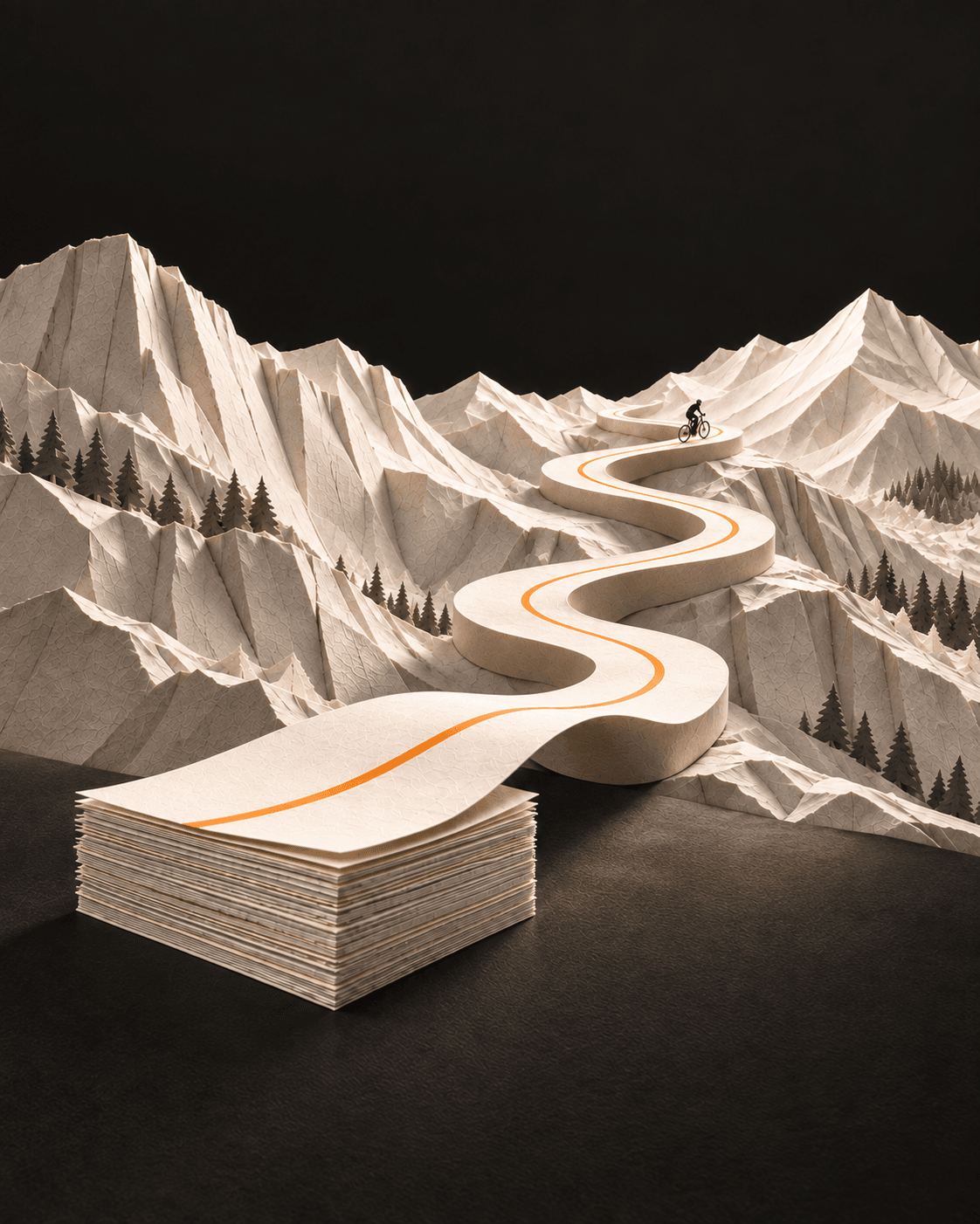 A cyclist follows an orange route through a landscape made from folded paper.