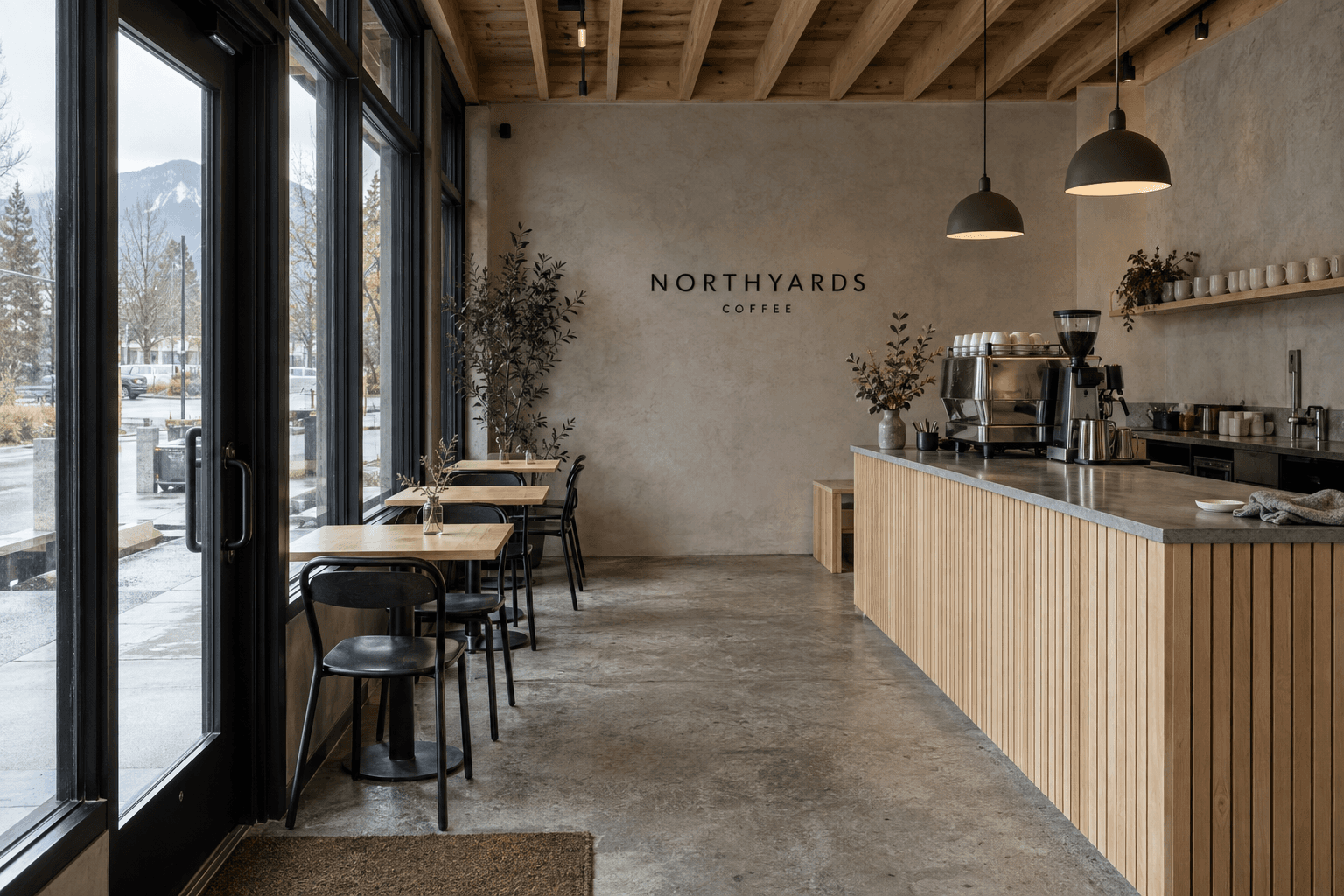 Original AI-generated fictional café with a grey cloth and white saucer on the right-hand counter.